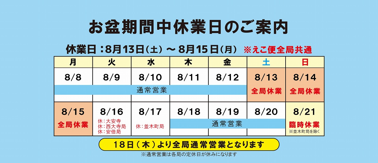 お盆期間中休業日のご案内 | えこ便